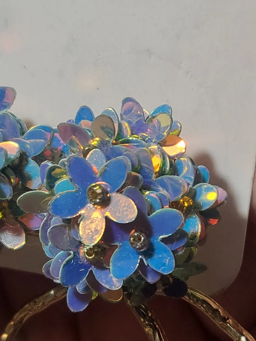 Josephines Blue Sequin Floral Bouquet Hoop Earrings | Iridescent 3D Flower Drops